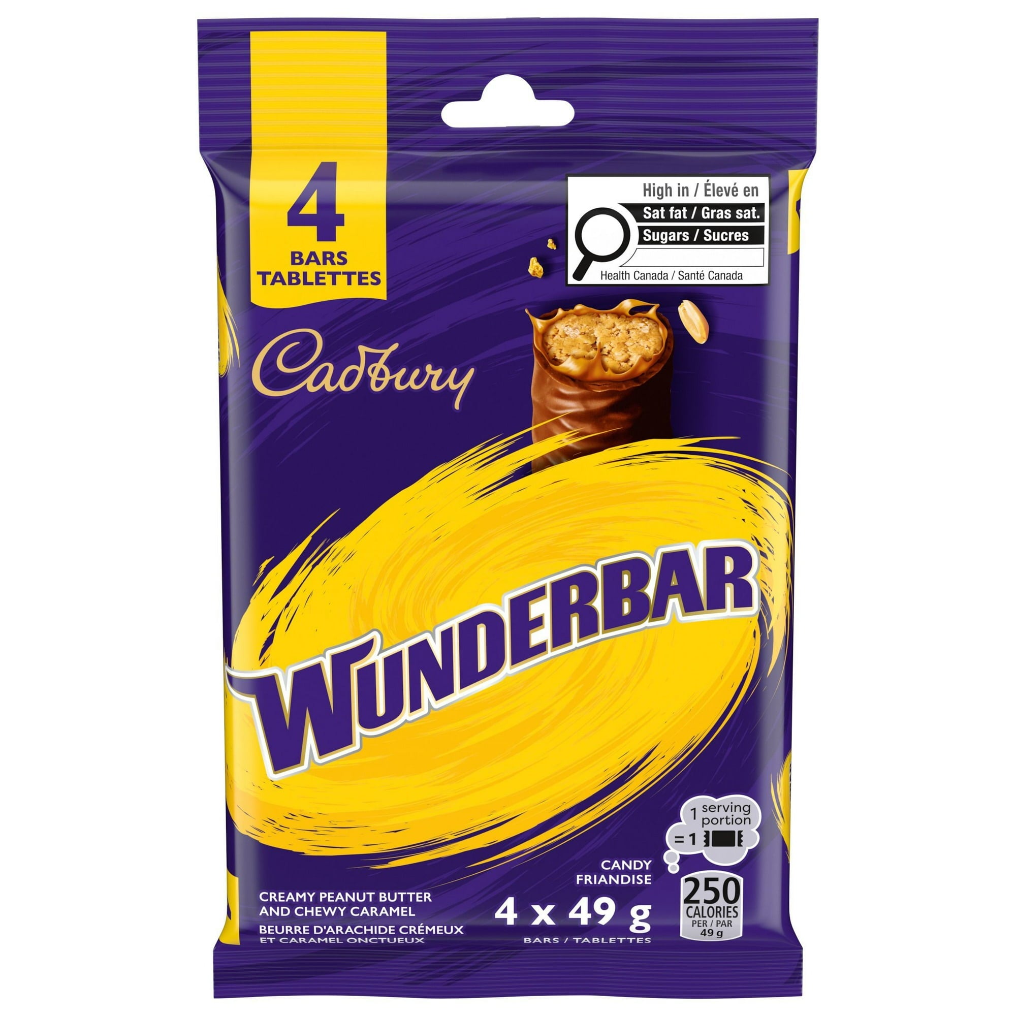 Packaging of Cadbury Wunderbar chocolate bars with purple and yellow design.