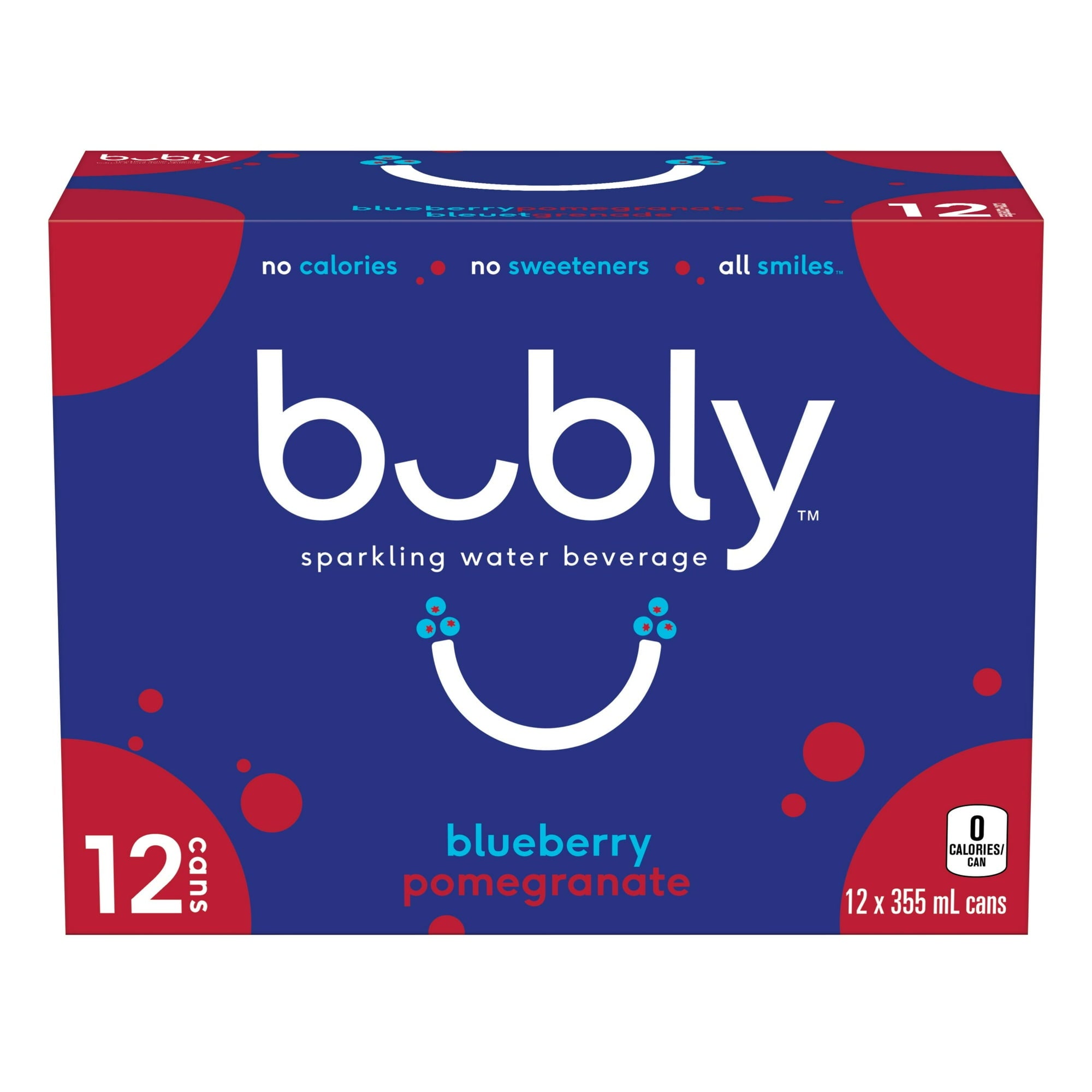 Front of Bubly Blueberry Pomegranate Sparkling Water Beverage, 12x355ml cans, 4.26L/144 oz