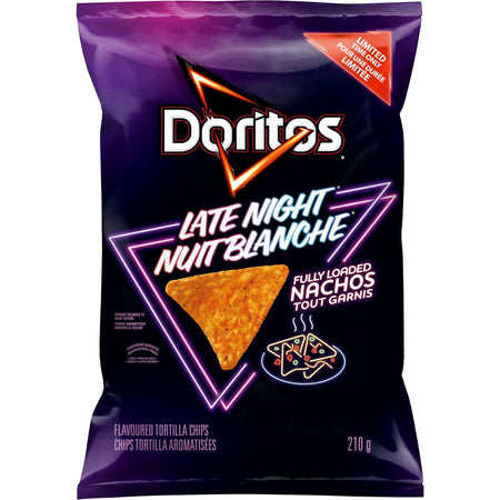 Doritos Late Night Fully Loaded Nachos Tortilla Chips, 210g, front of bag.