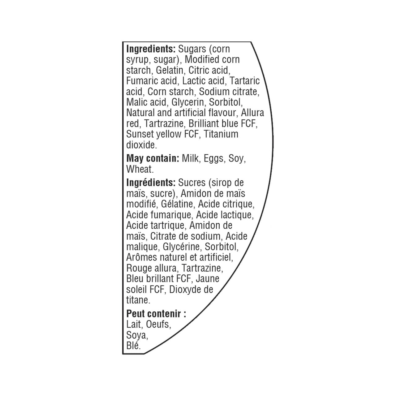 Great Value Sour Gummy Treats Candy, 450g/15.9 oz., Tub, ingredients label.