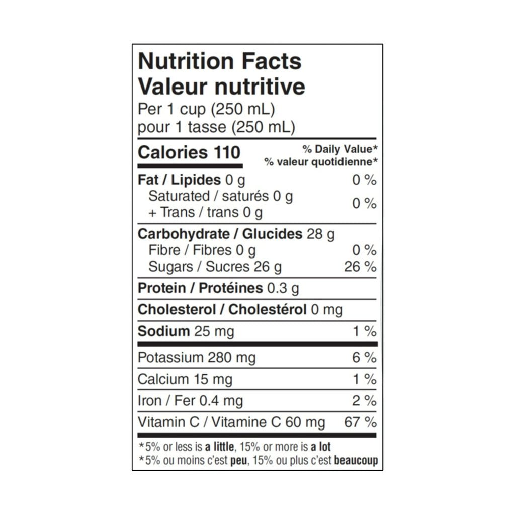 SunRype Fruit Juice, Fruit Medley, 900ml/30.4 fl. oz. Carton, nutrition facts label