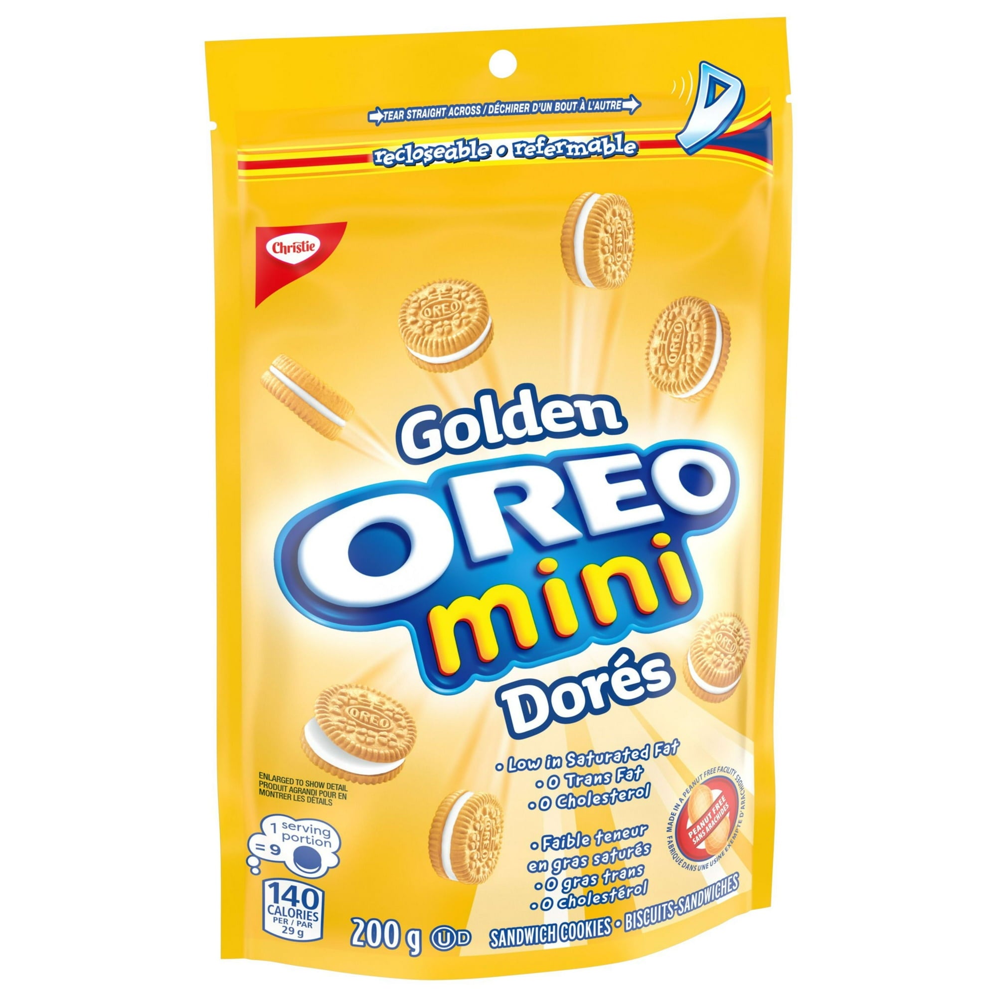 Oreo Golden Mini Dores, Sandwich Cookies, 200g/7.1 oz., Recloseable Bag, front of bag.
