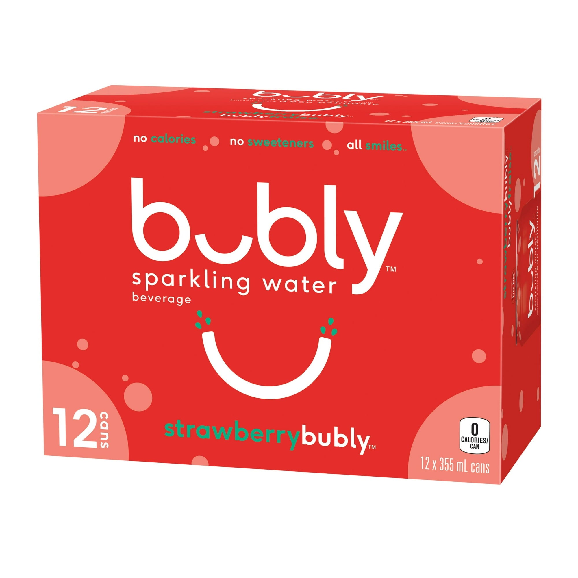 Angle of Bubly Strawberry Sparkling Water Beverage, 12x355ml cans, 4.26L/144 oz