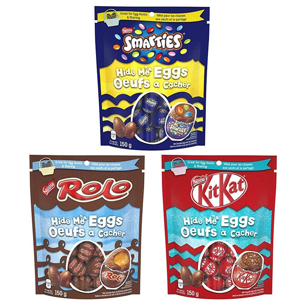 NESTLE Easter Hide Me Chocolate Eggs Variety Kitkat, Smarties and Rolo, 3-Pack, 150g/5.3oz {Imported from Canada}