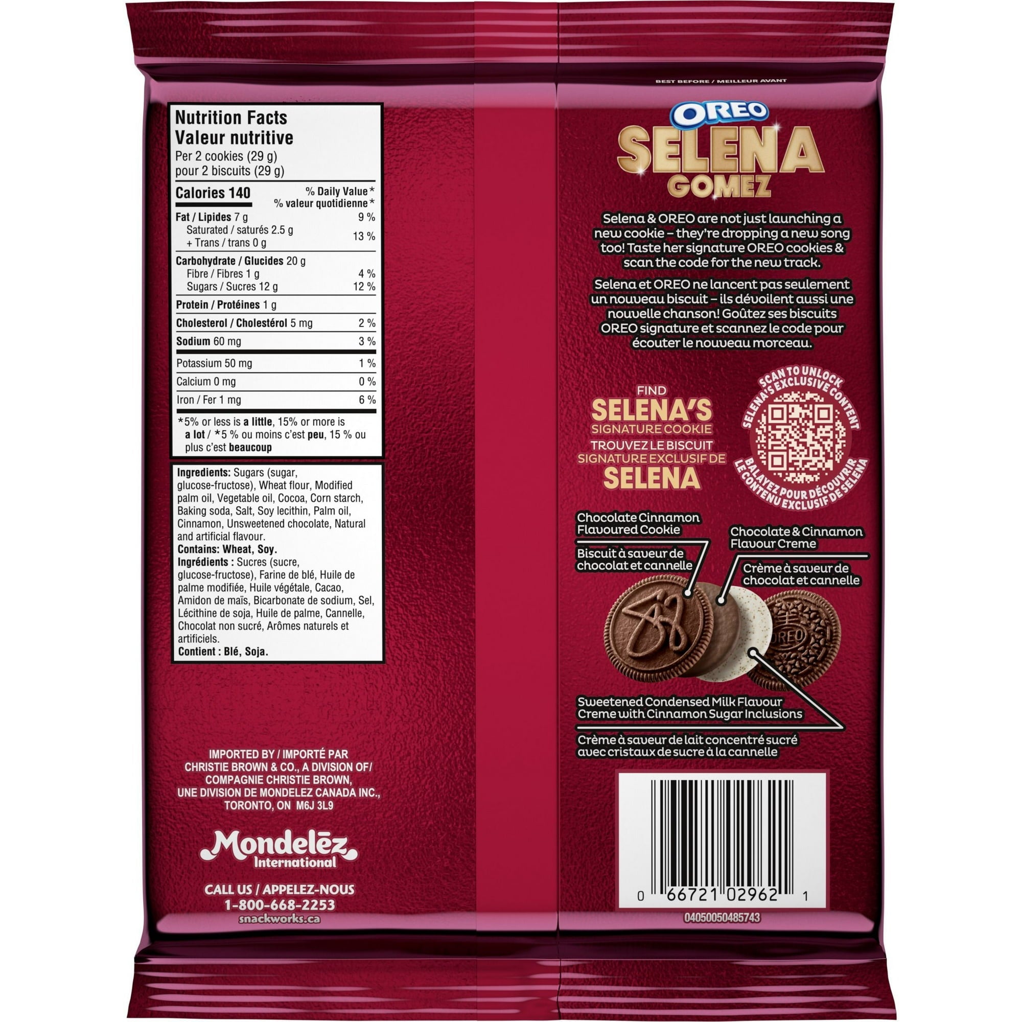 Oreo SELENA GOMEZ Chocolate & Cinnamon Creme Sandwich Cookies, 303g/10.6 oz - Back of a Oreo cookie package featuring Selena Gomez branding with nutritional information and product details.