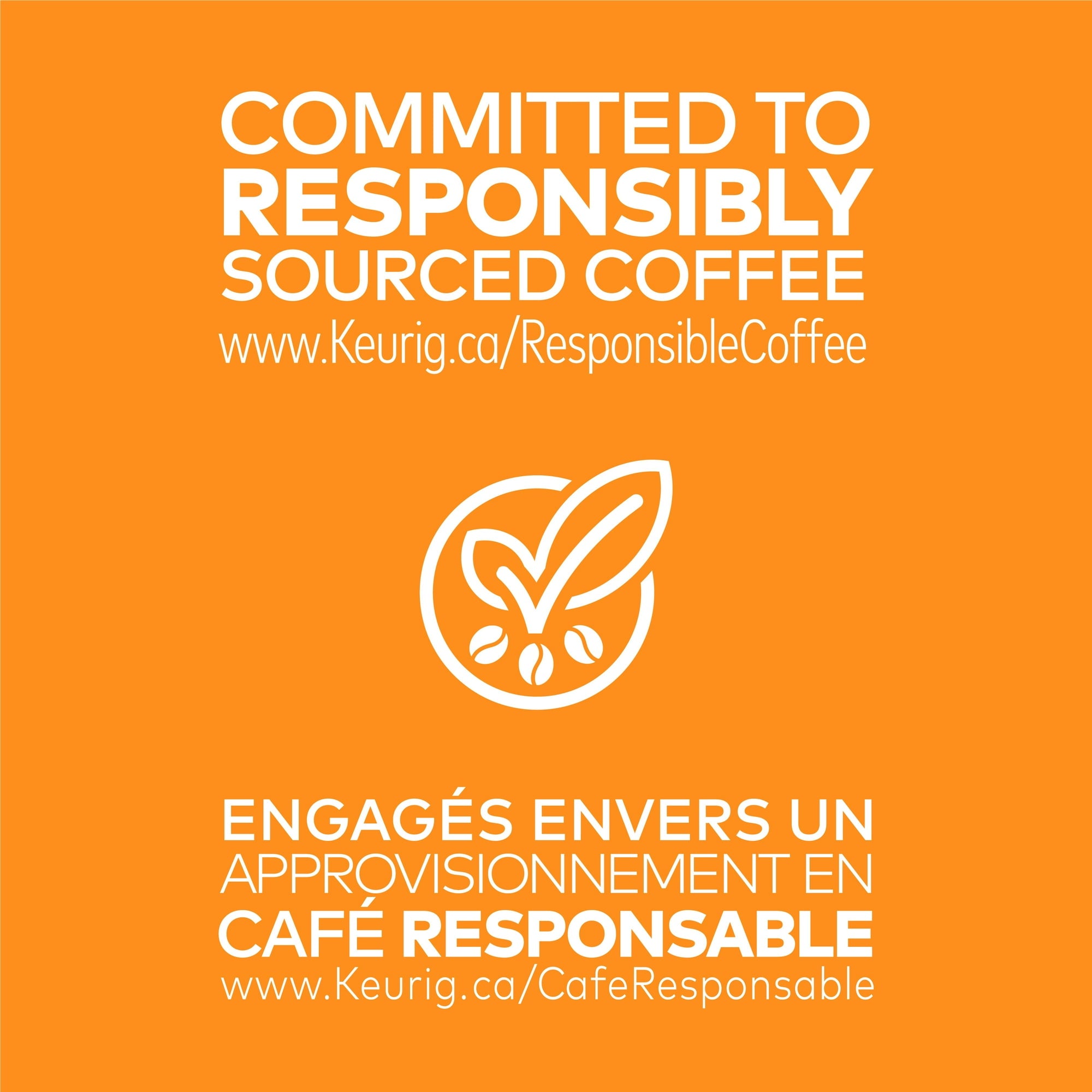 Keurig advertisement on an orange background with text about responsibly sourced coffee.