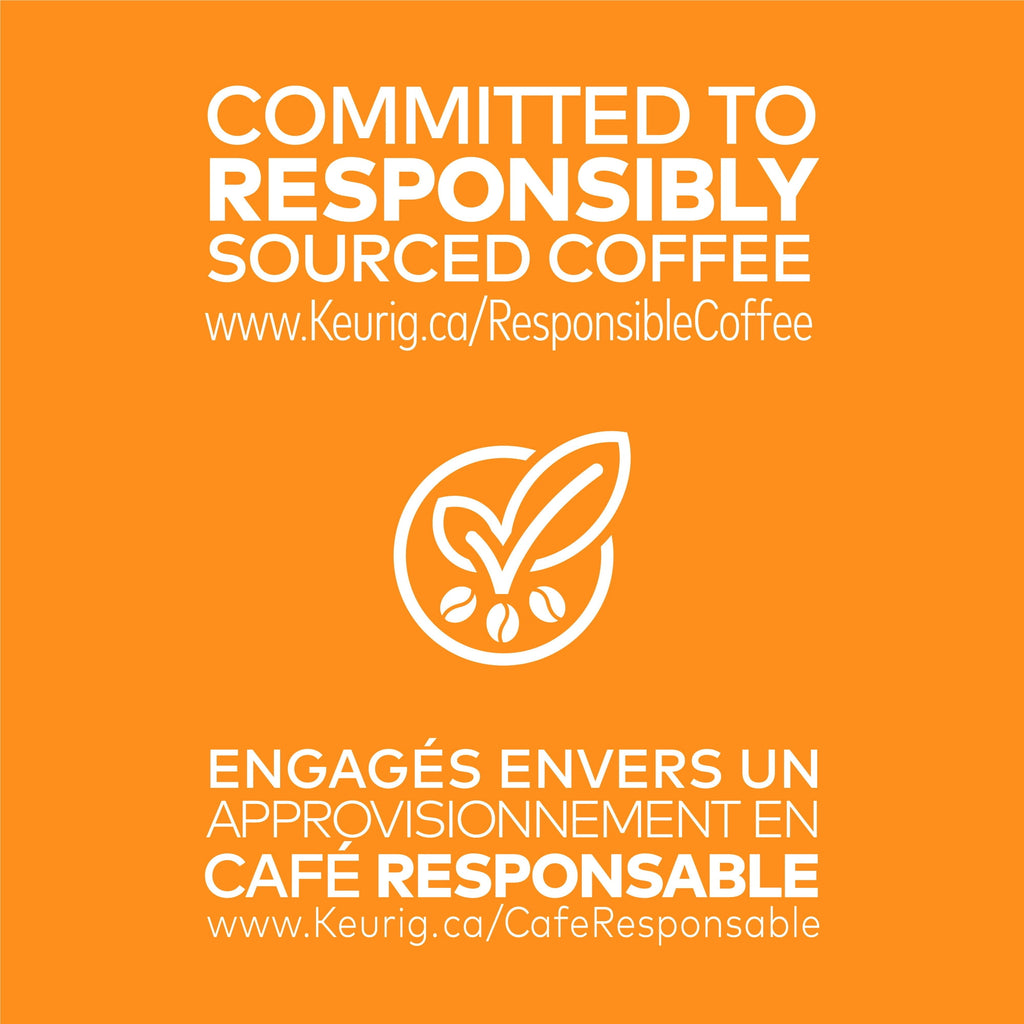 Keurig advertisement on an orange background with text about responsibly sourced coffee.