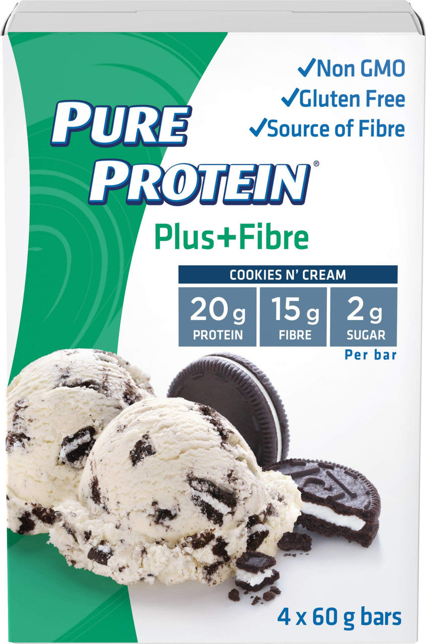 Pure Protein Plus Fibre Bars, Gluten Free, Cookies n' Cream, 60g, 4ct,{Imported from Canada}