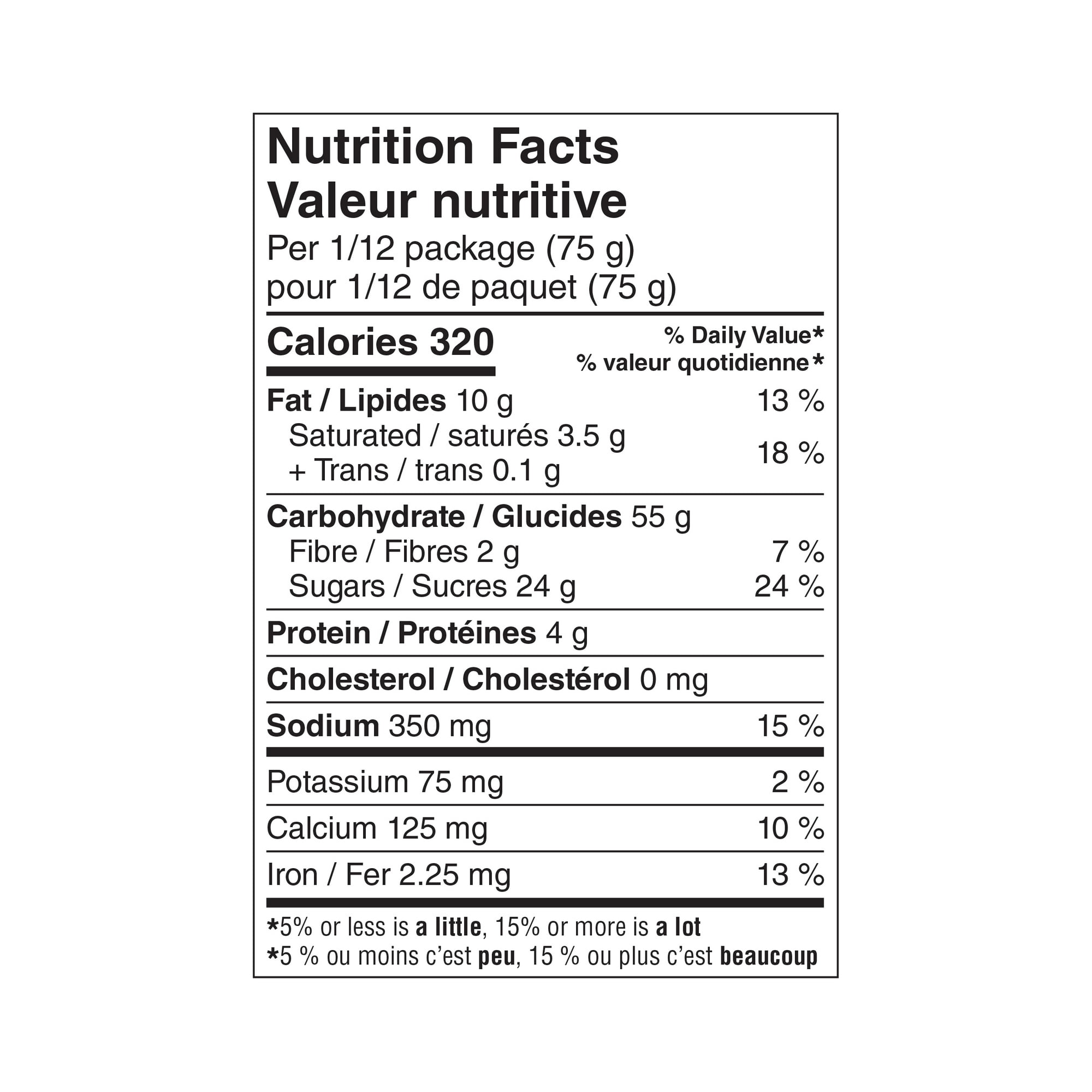 Nutrition facts label for Great Value Oatmeal Muffin Mix, Makes 24 Muffins - 900g on a white background
