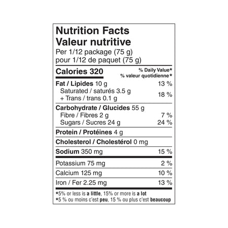 Nutrition facts label for Great Value Oatmeal Muffin Mix, Makes 24 Muffins - 900g on a white background