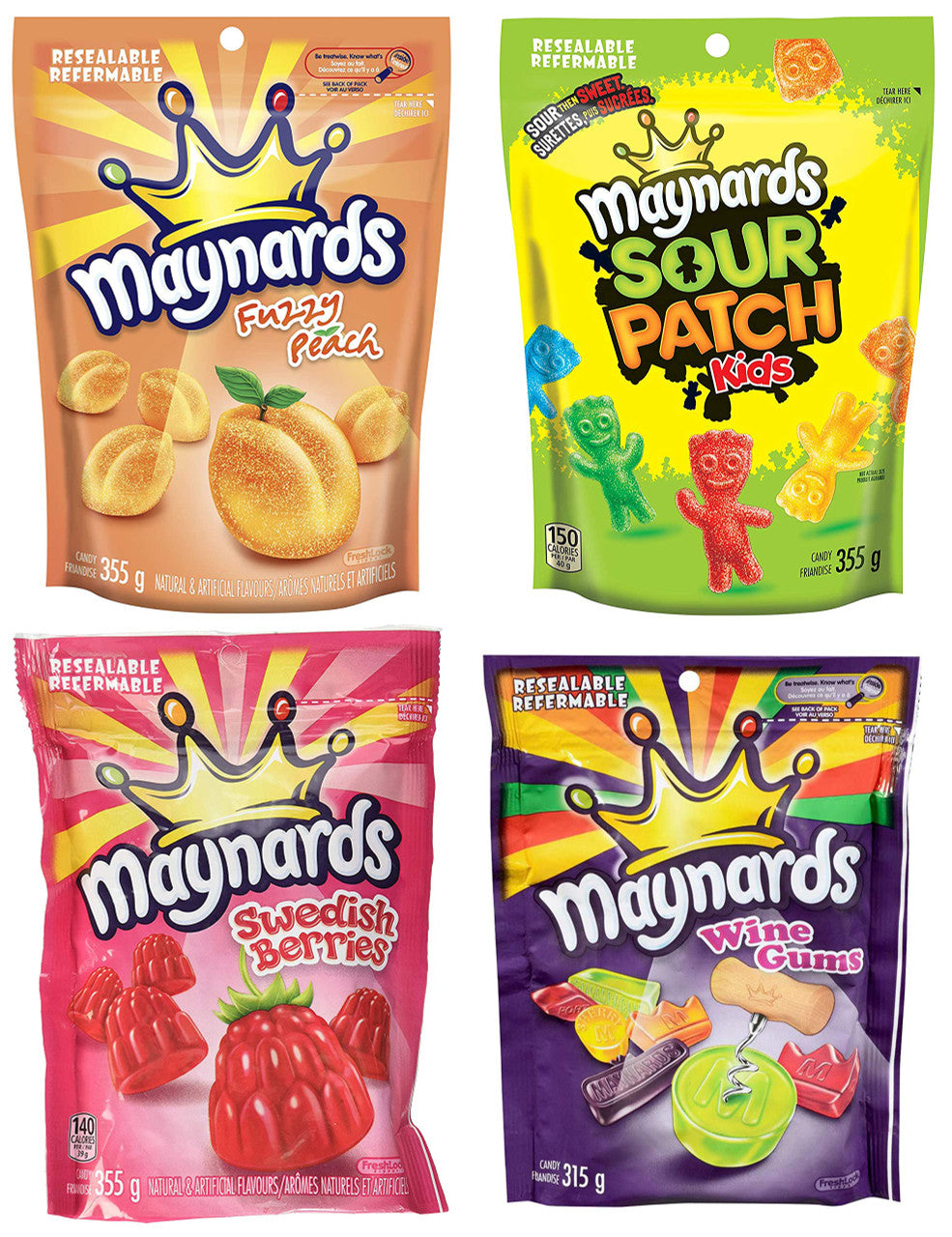 Maynards Fuzzy Peach, Wine Gums, Swedish Berries, Sour Patch Kids Candy, 355g/12.5 oz. (4pk) {Imported from Canada}