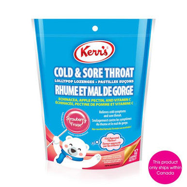 Kerr's Cold and Sore Throat Lollypop Strawberry Lozenges, 12ct, 12pk, {Imported from Canada}