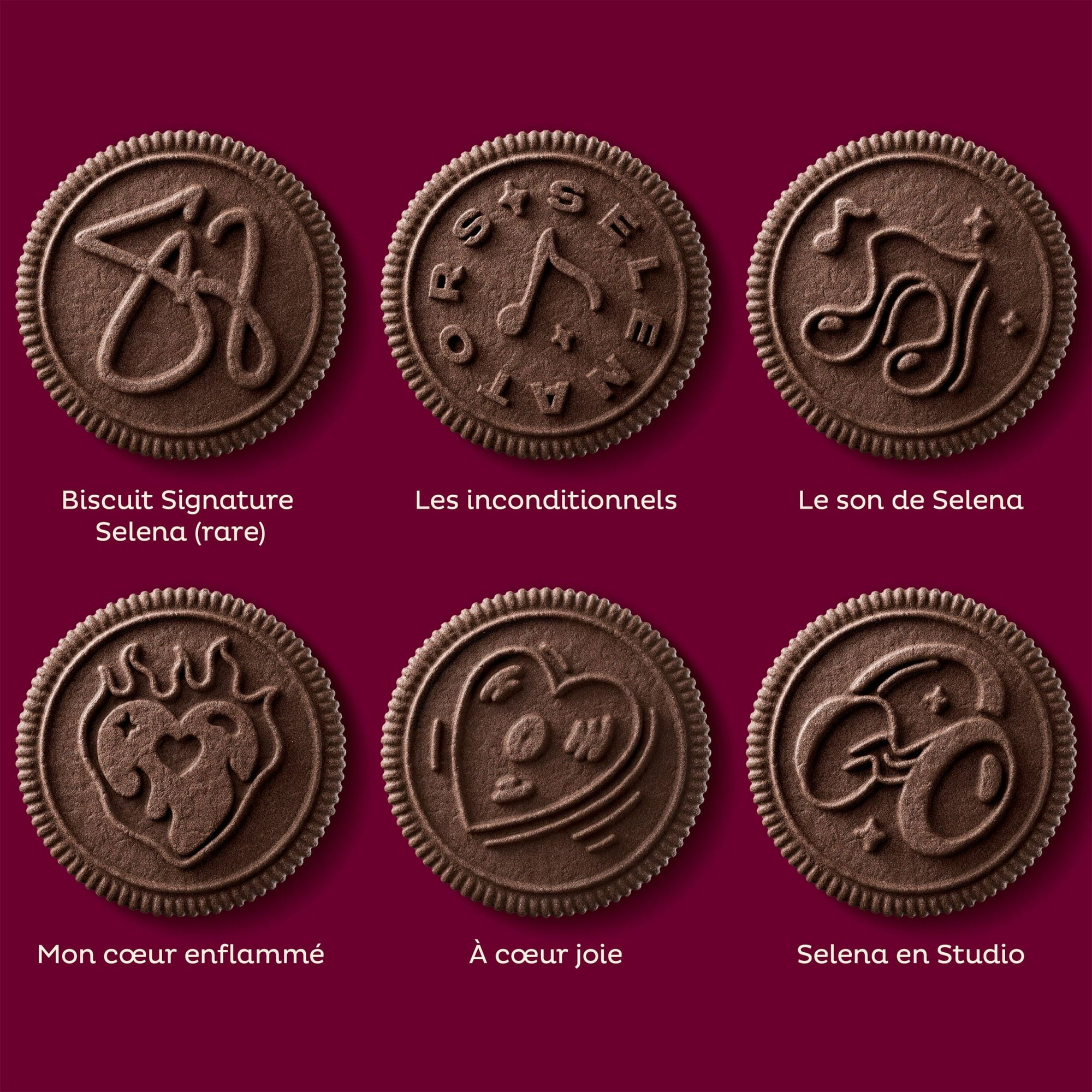 Oreo SELENA GOMEZ Chocolate & Cinnamon Creme Sandwich Cookies, 303g/10.6 oz - Collection of chocolate cookies with unique designs and text on a red background