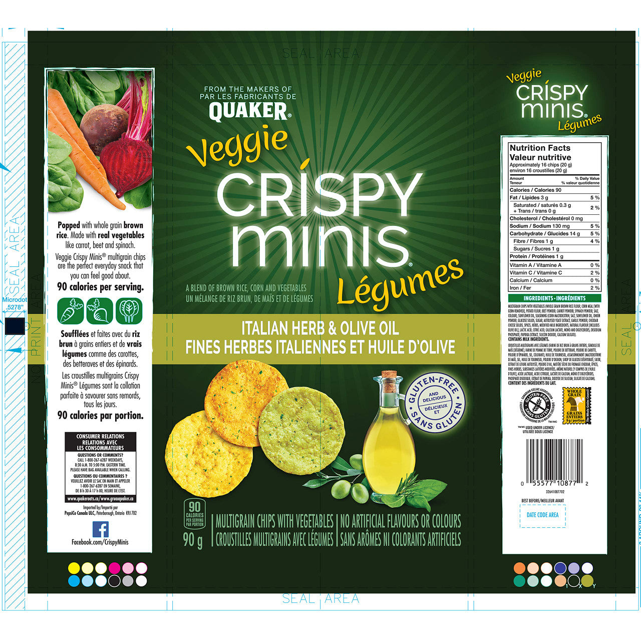Quaker Crispy Minis Veggie Italian Herb & Olive Oil Multigrain Chips, 90g/3.2 oz. (Imported from Canada)