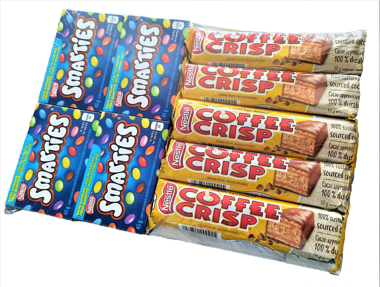 Canadian Snacks Value Pack - Coffee Crisp bars (5x50g) & Smarties (4x45g) - Made by Nestle Canada [Imported From Canada]