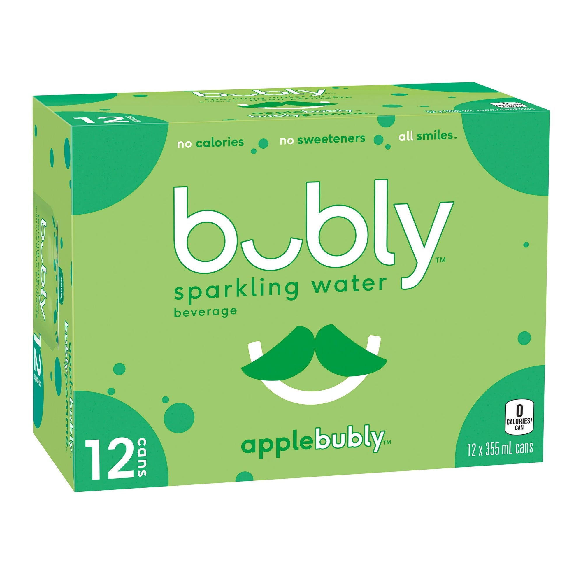 Angle of Bubly Apple Sparkling Water Beverage, 12x355ml cans, 4.26L/144 oz