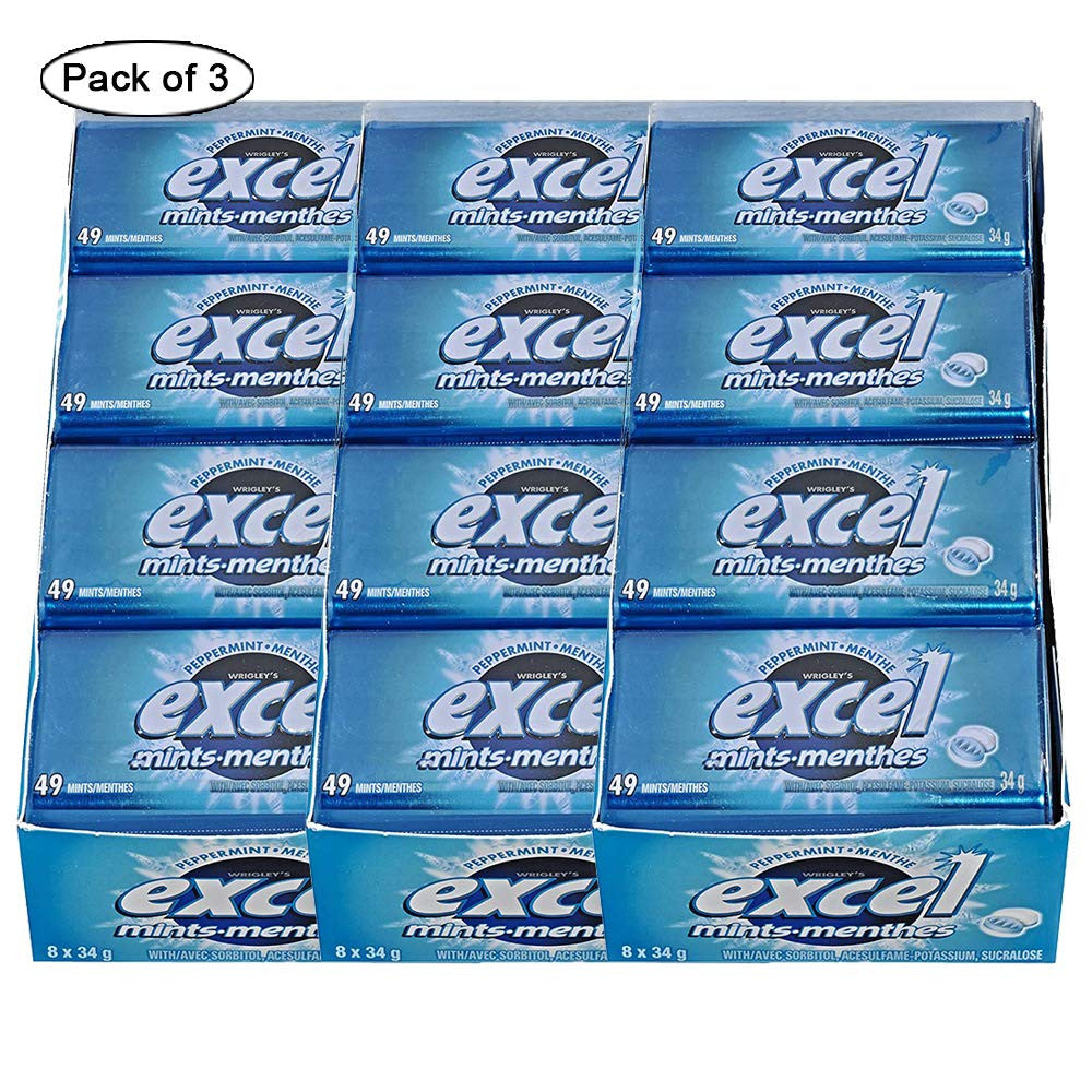 Excel Mints Peppermint, 34gm Tin, 8 Count, (Pack of 3), (Imported from