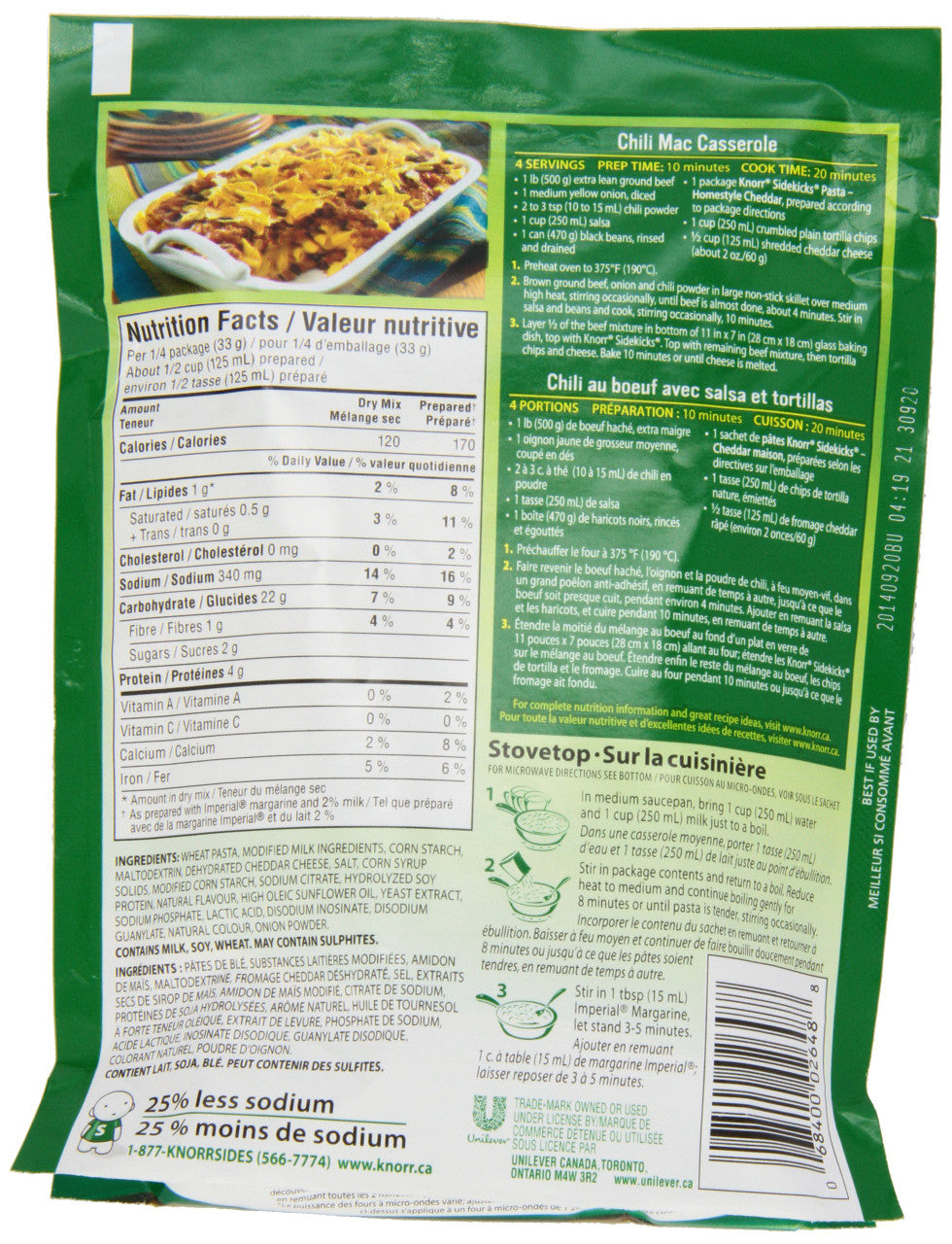 Knorr Sidekicks Homestyle Cheddar, 131g & Three Cheese, 133g, 50 of each, {Imported from Canada}