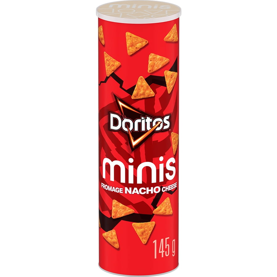 Doritos Minis Nacho Flavored Tortilla Chips, 145g, front of canister.