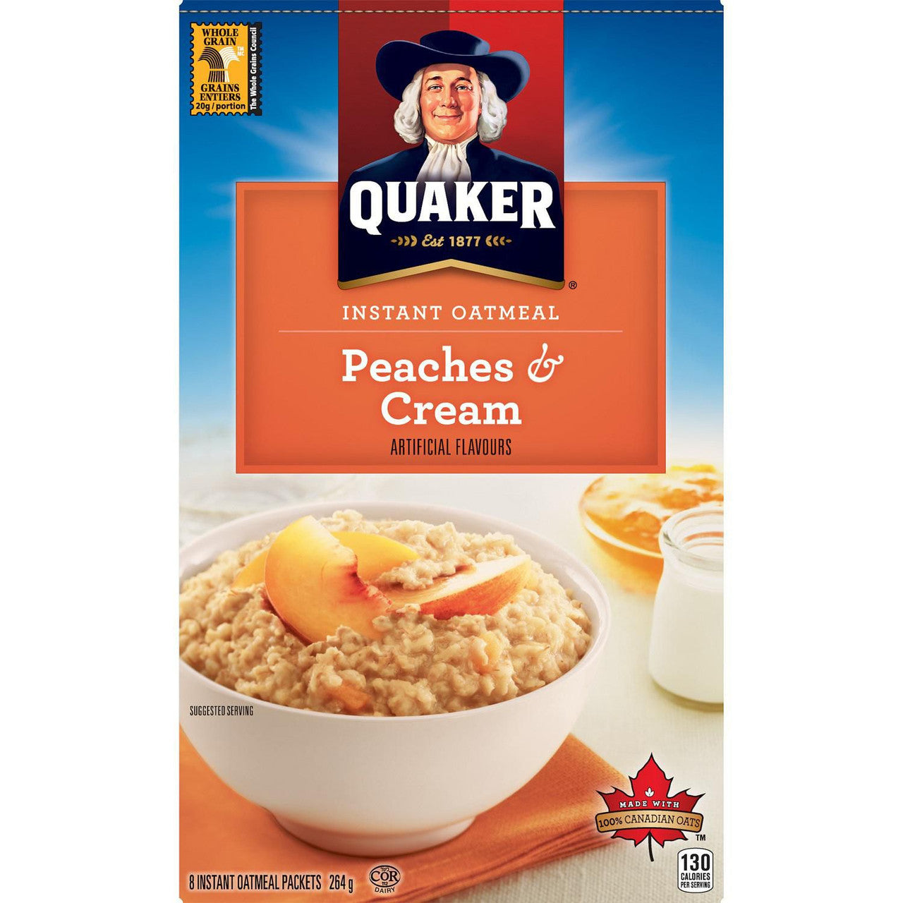 Quaker Peaches & Cream Flavor Instant Oatmeal, 8 packets, 264g/9.2 oz. Box (Imported from Canada)