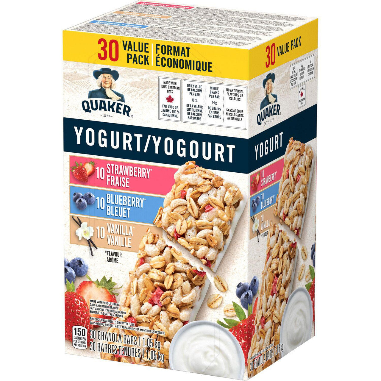 Quaker Yogurt Granola Bars, Strawberry, Vanilla, & Blueberry Variety Pack, 30-count, 1.05kg/2.3 lbs. Box {Imported from Canada}