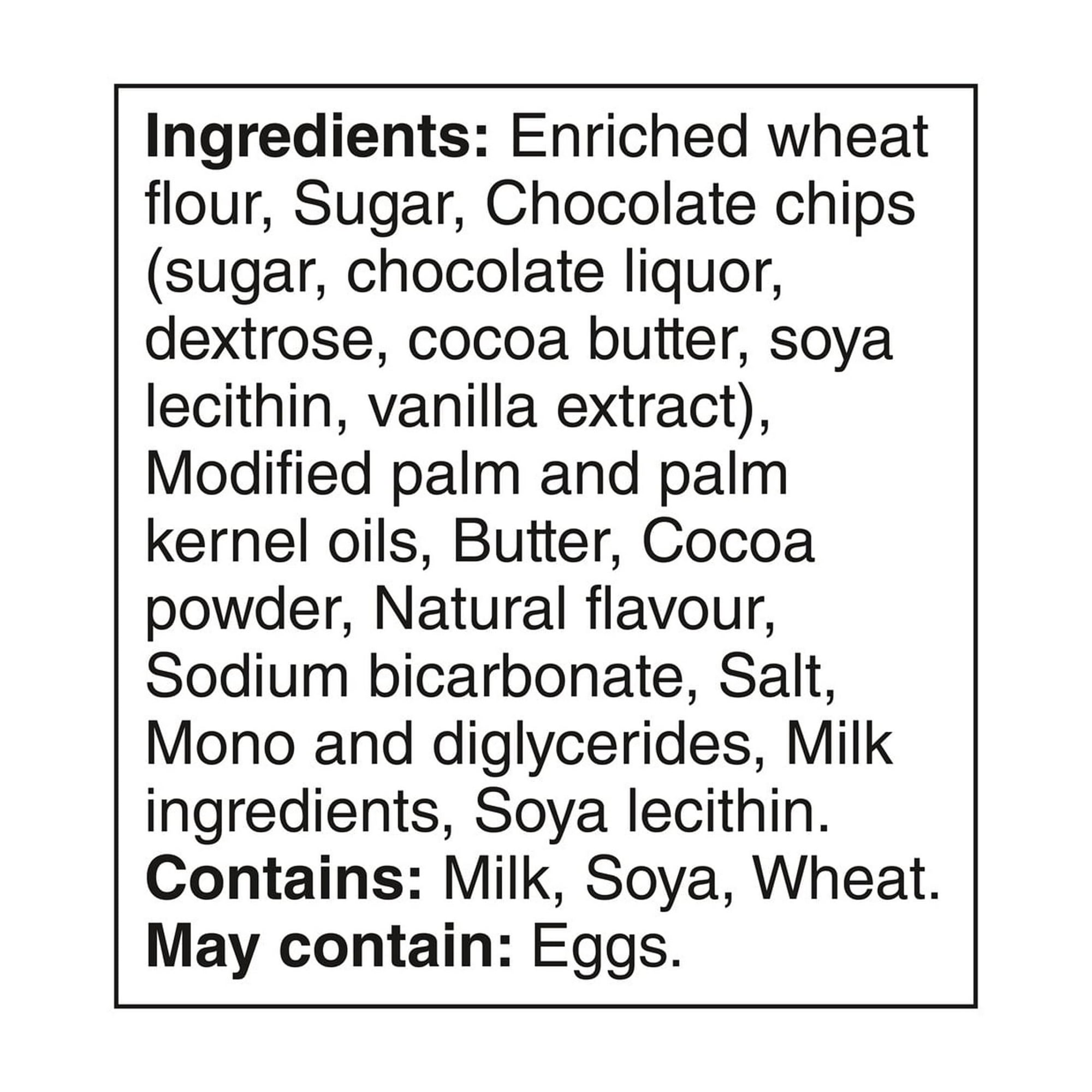 Ingredients list for Leclerc Celebration Chocolate Chip Mini Cookies, 200g/7.05 oz on a white background