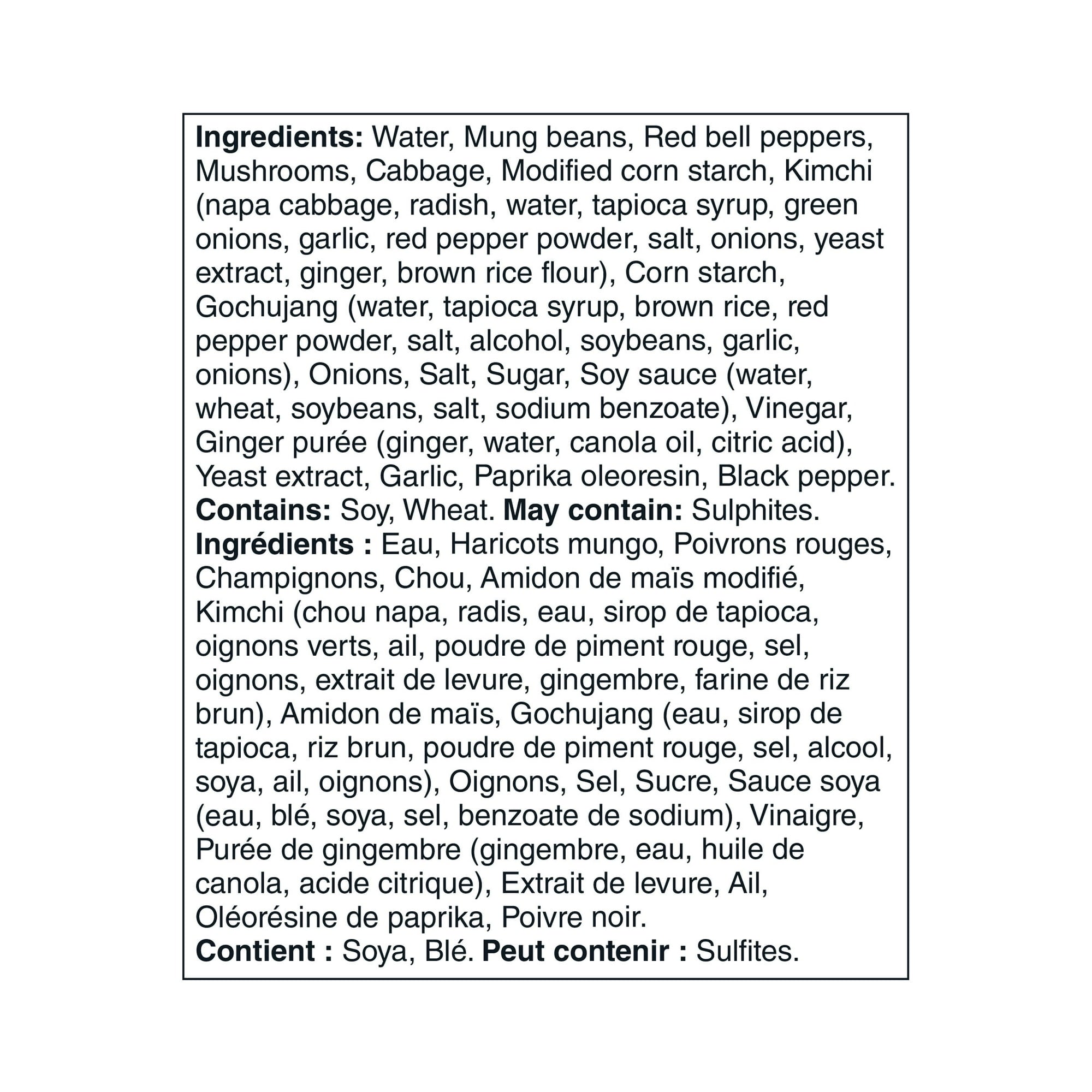 List of ingredients for Our Finest Spicy Kimchi Ready-To-Serve-Soup with translations on a white background