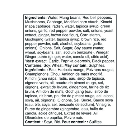 List of ingredients for Our Finest Spicy Kimchi Ready-To-Serve-Soup with translations on a white background