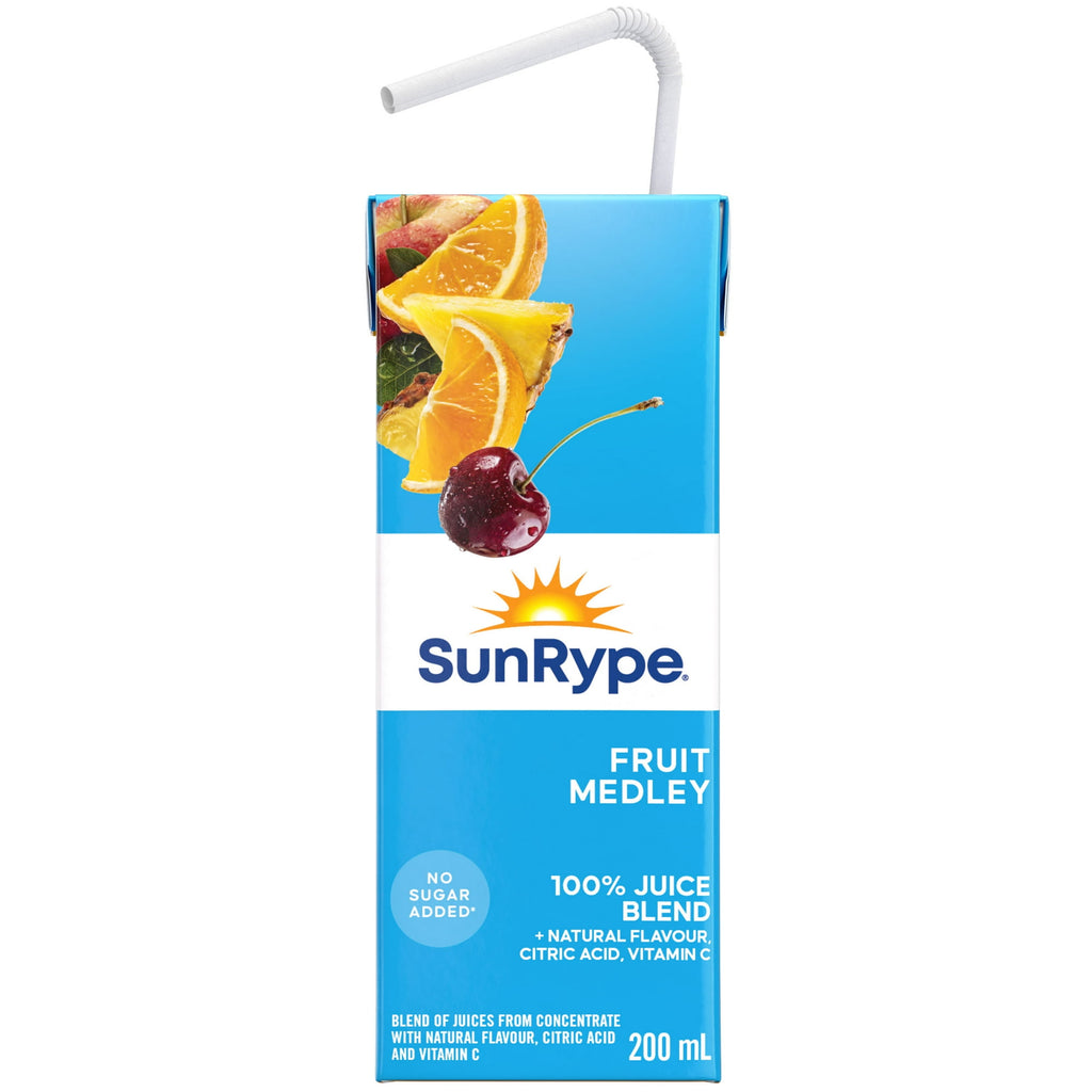 SunRype Fruit Medley Juice Boxes Perfect for On-The-Go, 5x200ml, 1L/33.8 fl. oz. - Front Of One Juice Box