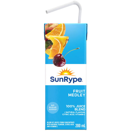 SunRype Fruit Medley Juice Boxes Perfect for On-The-Go, 5x200ml, 1L/33.8 fl. oz. - Front Of One Juice Box