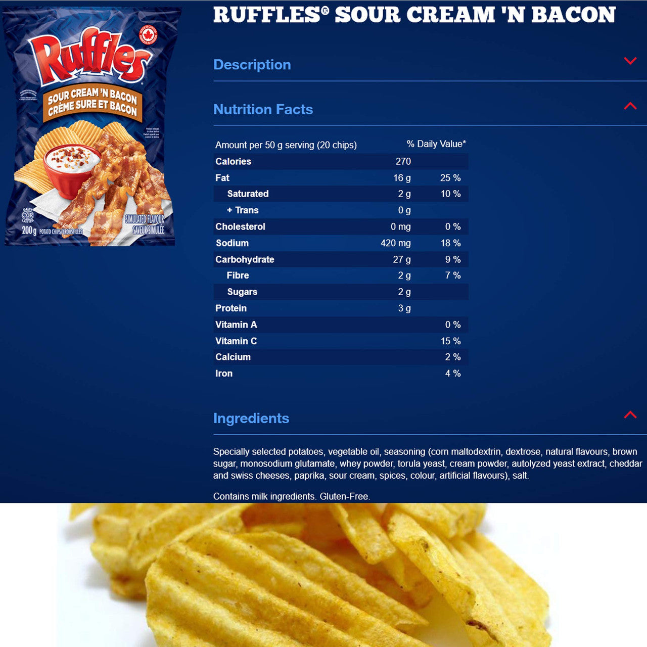 Ruffles Chips Variety Pack 200g/7.1 oz, Sour Cream N' Onion, Sour Cream N' Bacon and Regular {Imported from Canada}