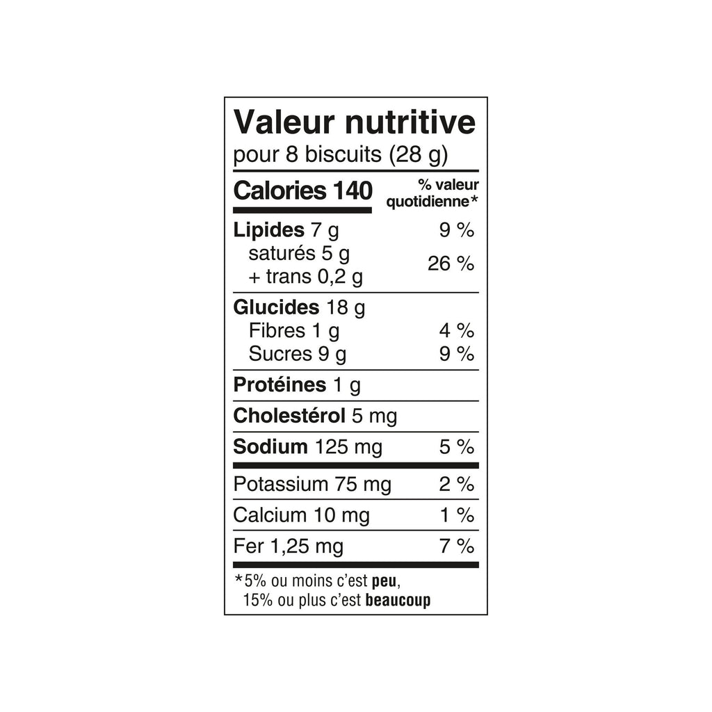 Nutritional value label for Leclerc Celebration Double Chocolate Mini Cookies, 200g/7.05 oz on a white background