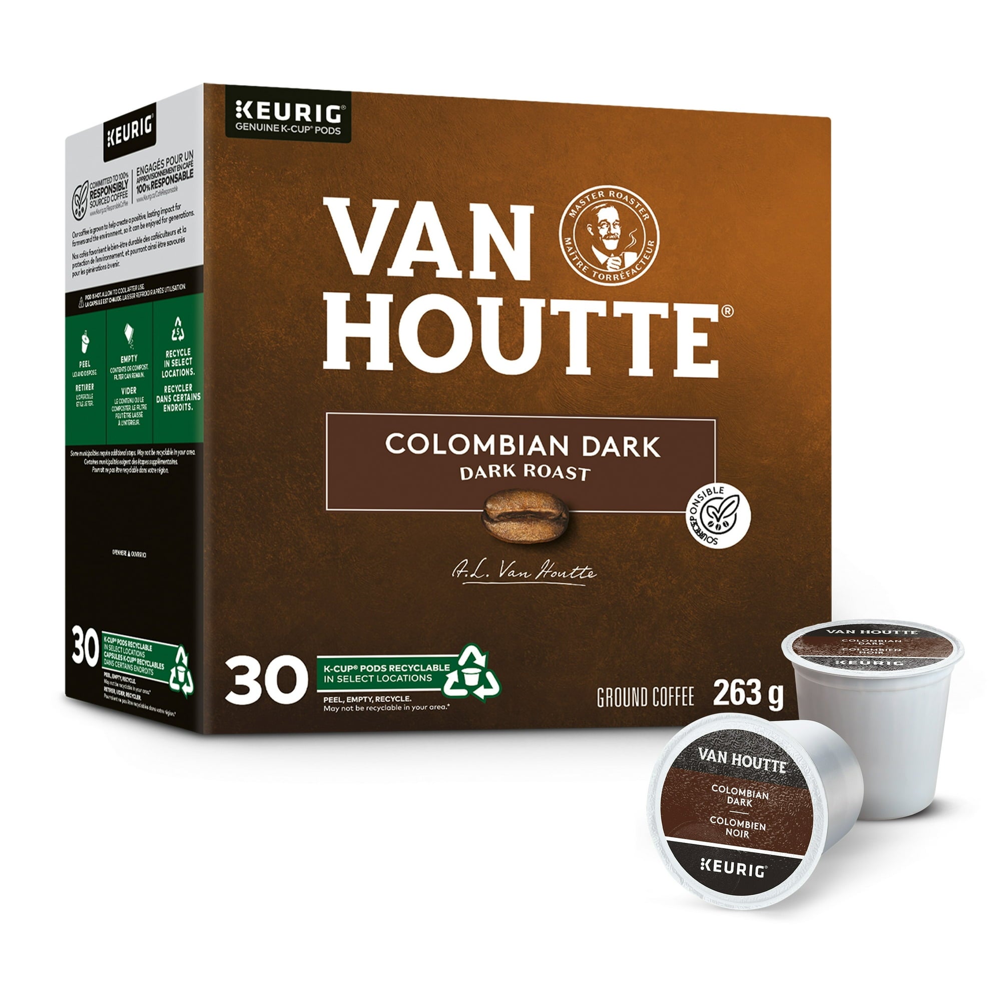 Van Houtte Colombian Dark Roast Coffee, 30 K-cups, 263g/9.3 oz. Box - Front