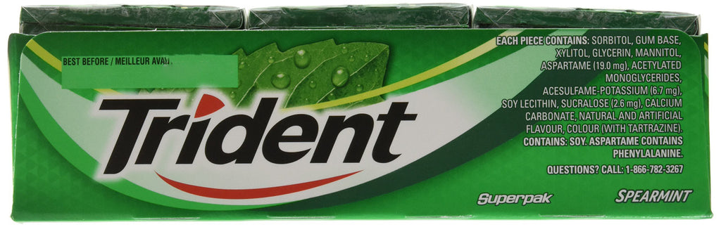 Trident Spearmint Sugar Free Gum, 12ct x 14pcs, (Imported from Canada)