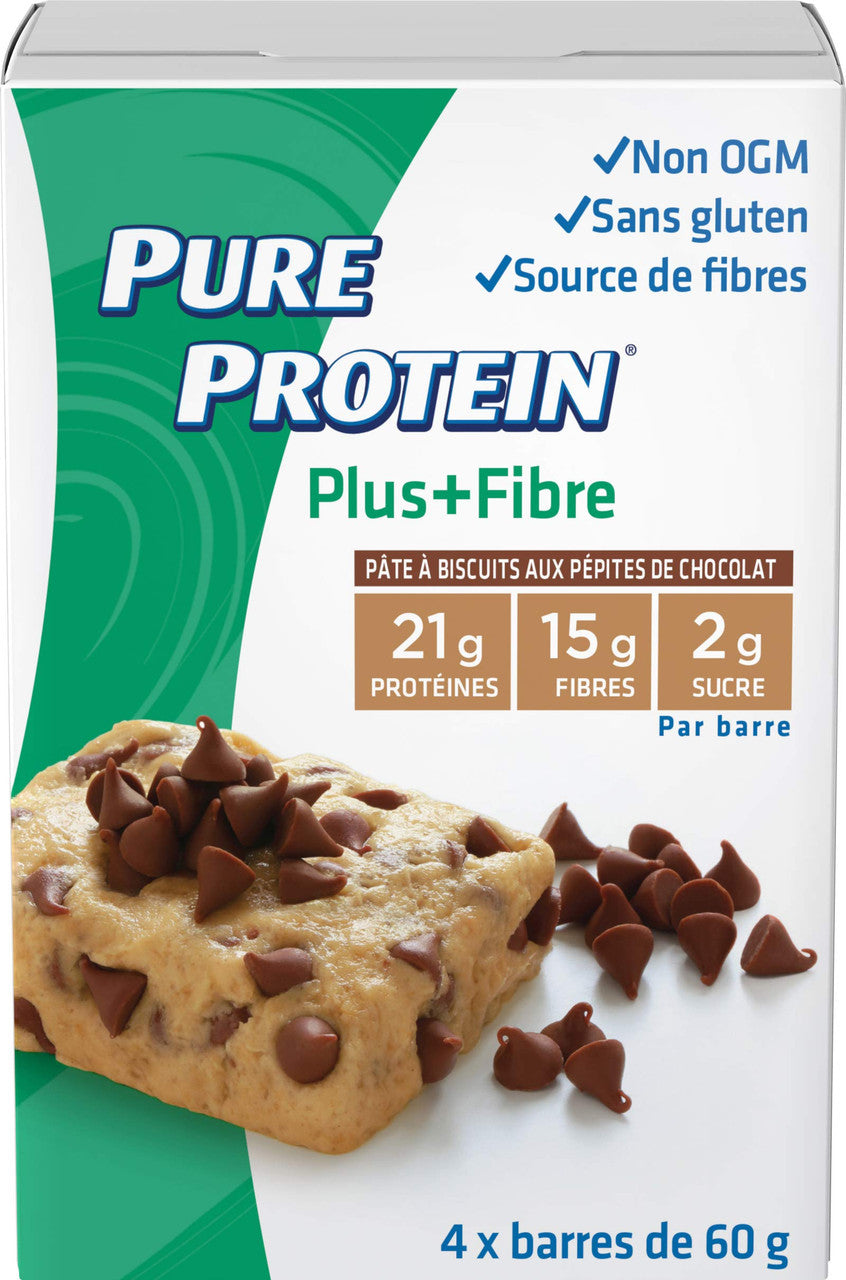 Pure Protein Plus Fibre Bars, Gluten Free, Snack Bar, Chocolate Chip Cookie Dough, 60g, 4ct, {Imported from Canada}