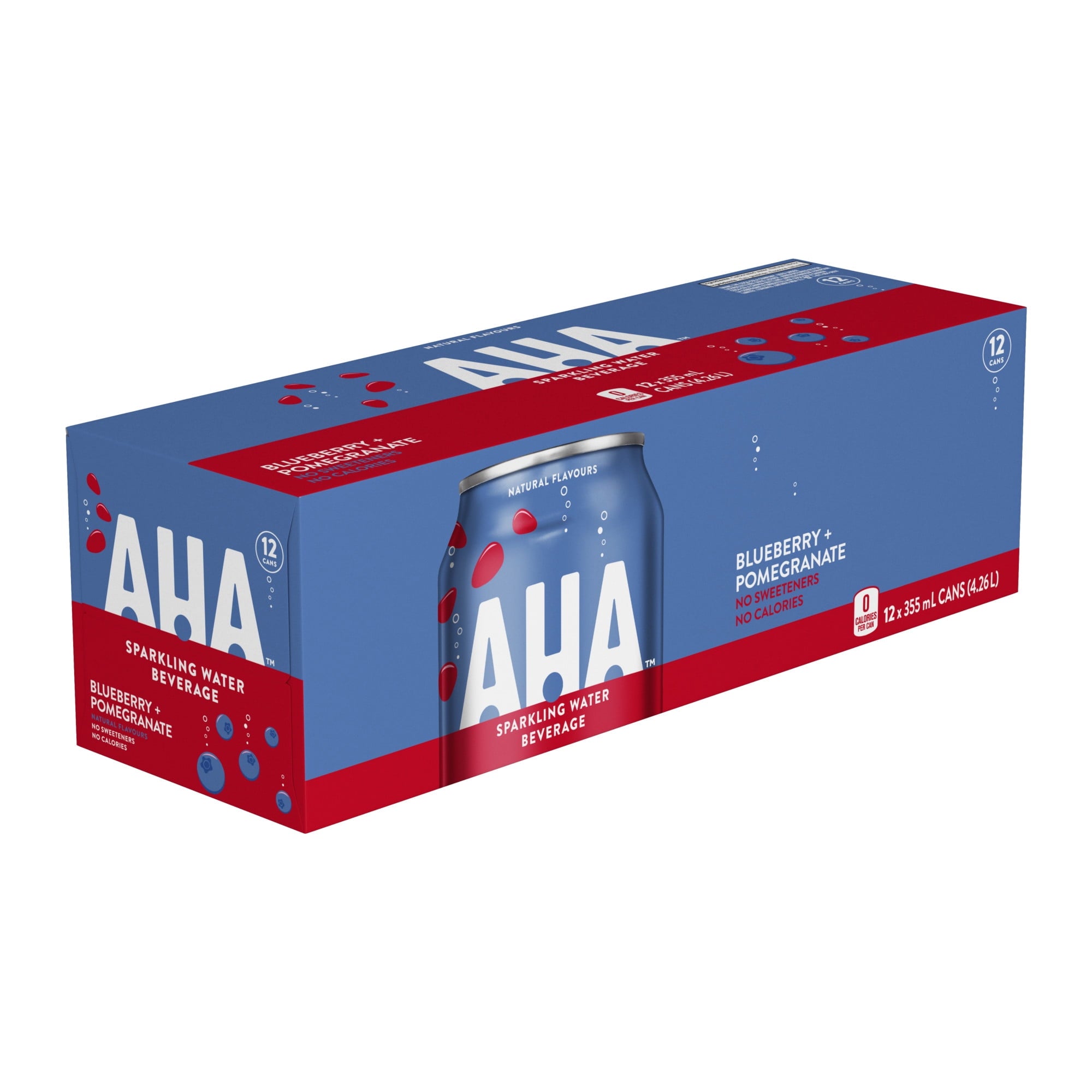 Box of AHA Blueberry Pomegranate sparkling water on a white background