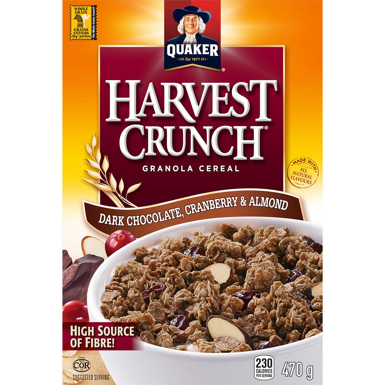 Quaker Harvest Crunch, Dark Chocolate, Cranberry & Almond Cereal 550g/19.4oz. (Imported from Canada)