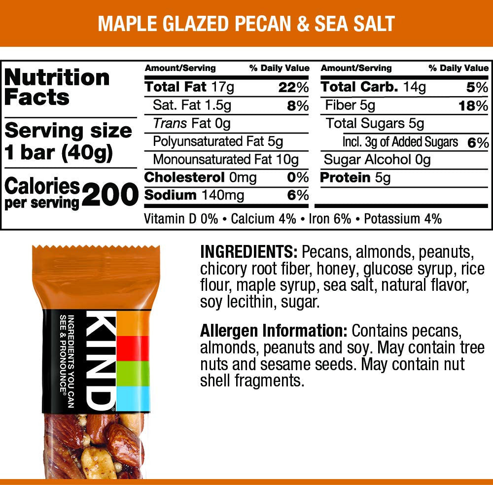 KIND Bars, Maple Glazed Pecan & Sea Salt, Gluten Free, Low Sugar, 40g/1.4oz, 12 pk, {Imported from Canada}