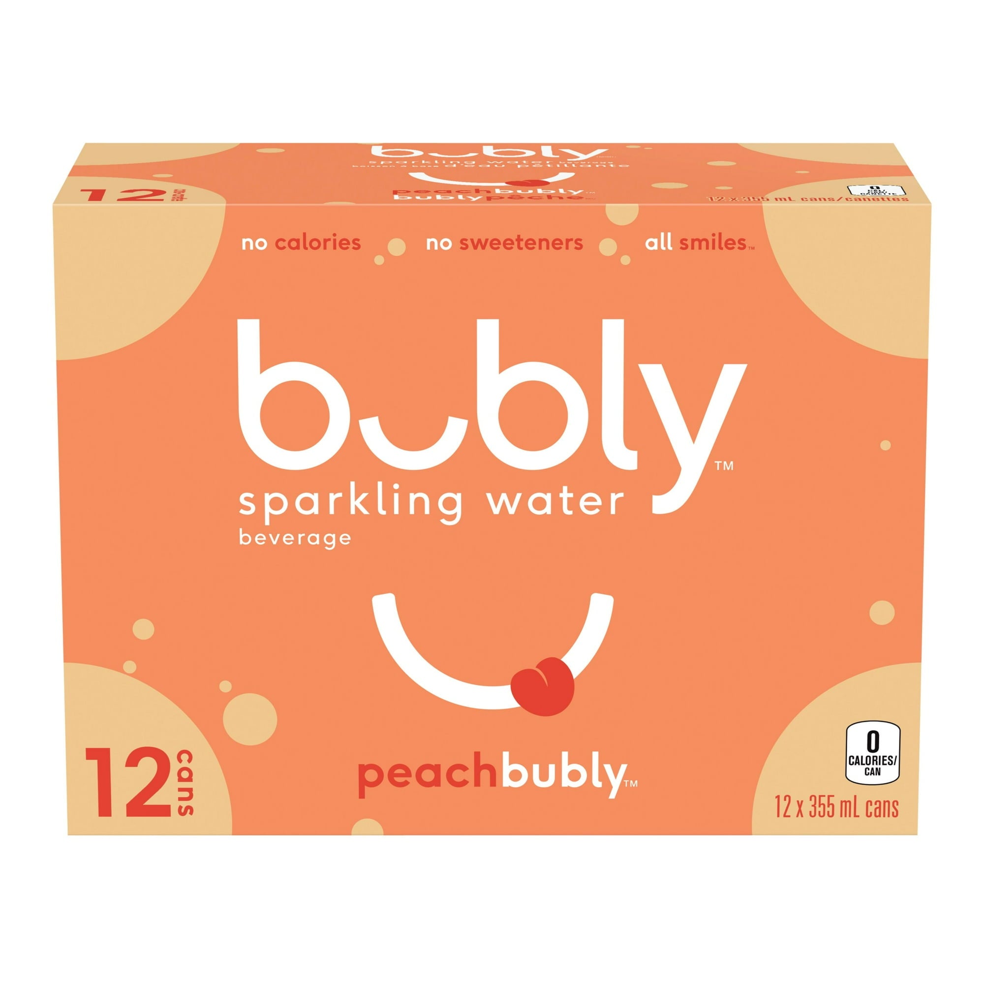 Front of Bubly Peach Sparkling Water Beverage, 12x355ml cans, 4.26L/144 oz
