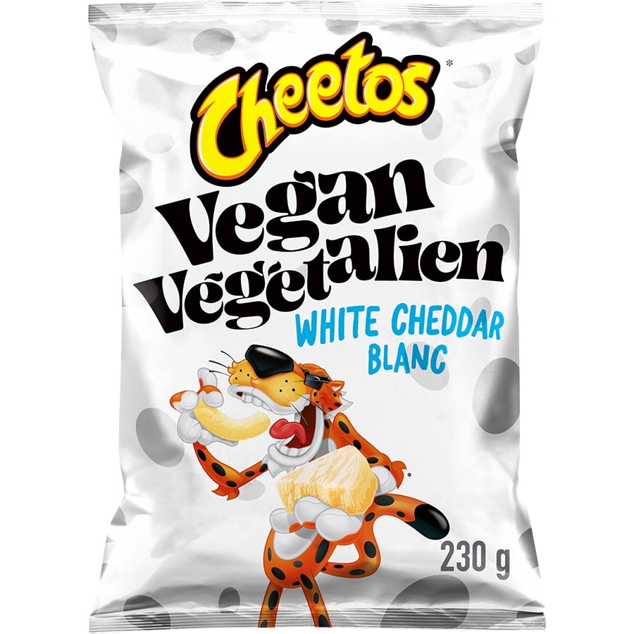 Cheetos Vegan White Cheddar Flavored Corn Snacks, 230g/8.1 oz with cartoon cheetah character on a white background