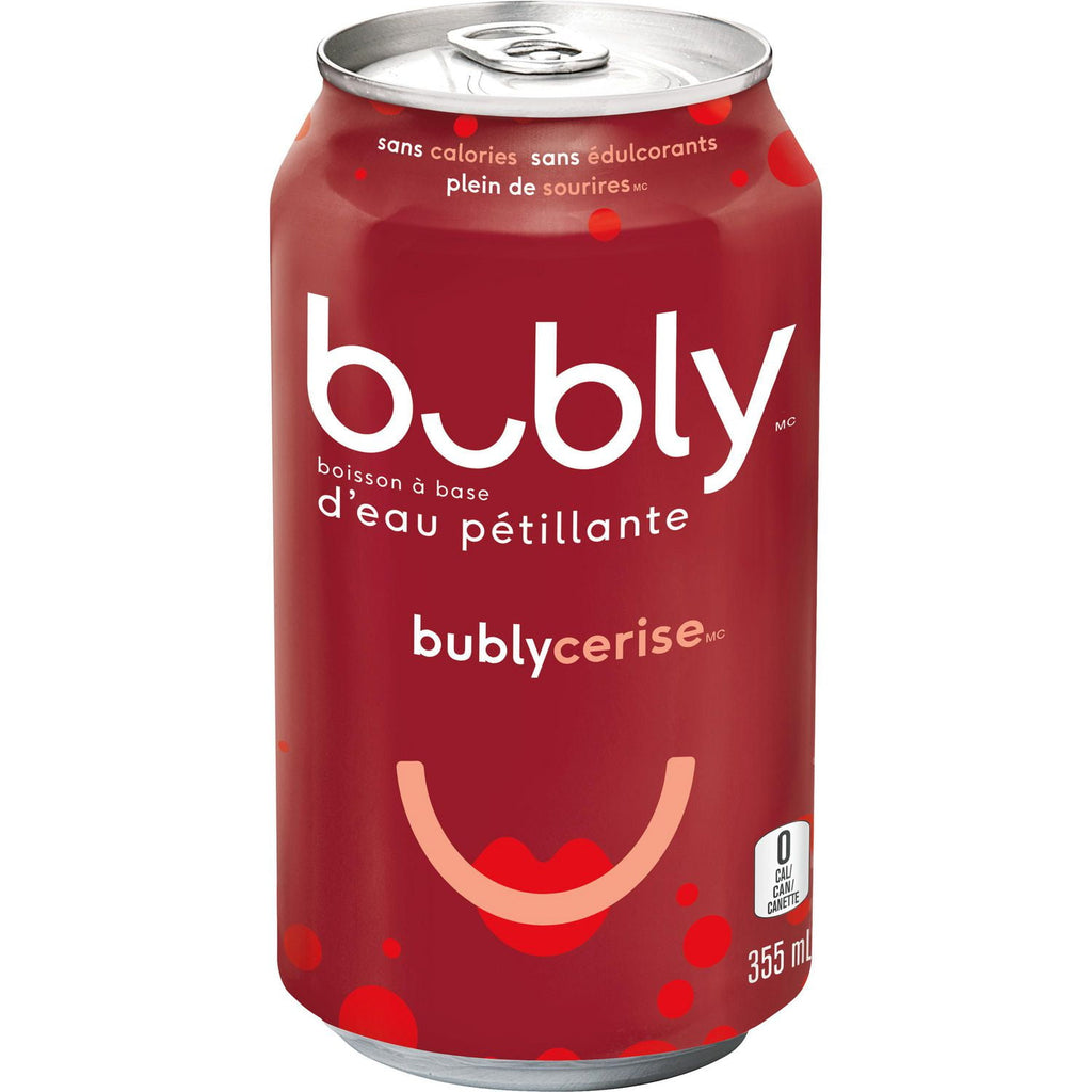 Bubly Cherry Sparkling Water Beverage, 12x355ml cans, 4.26L/144 oz., back of one can.