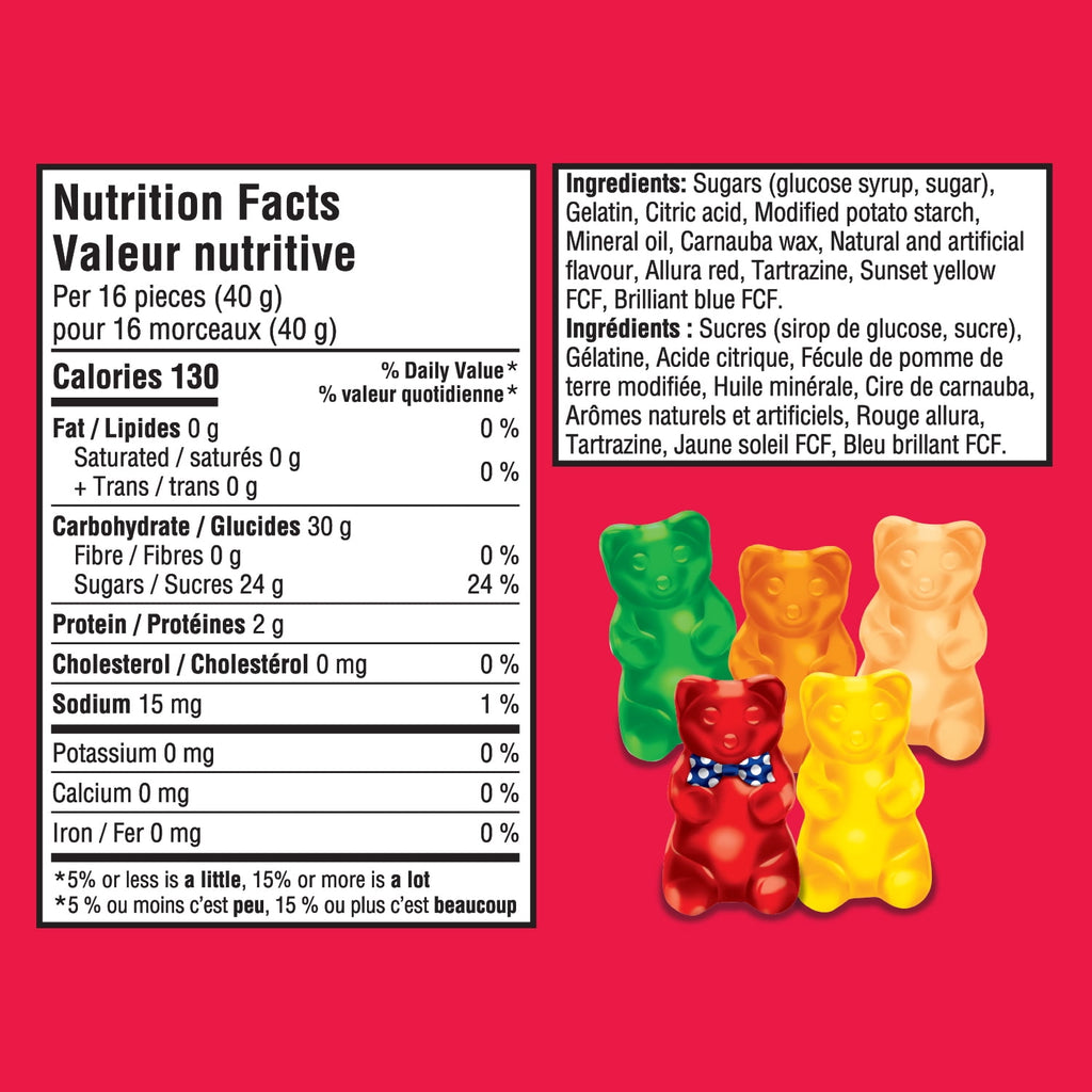 Nutrition facts and ingredients label for Maynards Original Gummies Candy, 150g/5.2 oz on a red background