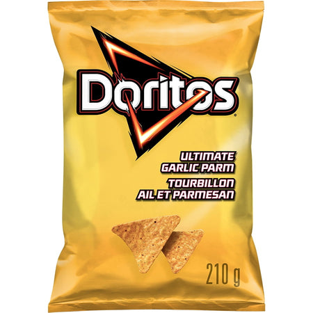 Doritos Ultimate Garlic Parm tortilla chips, 210g bag on a white background