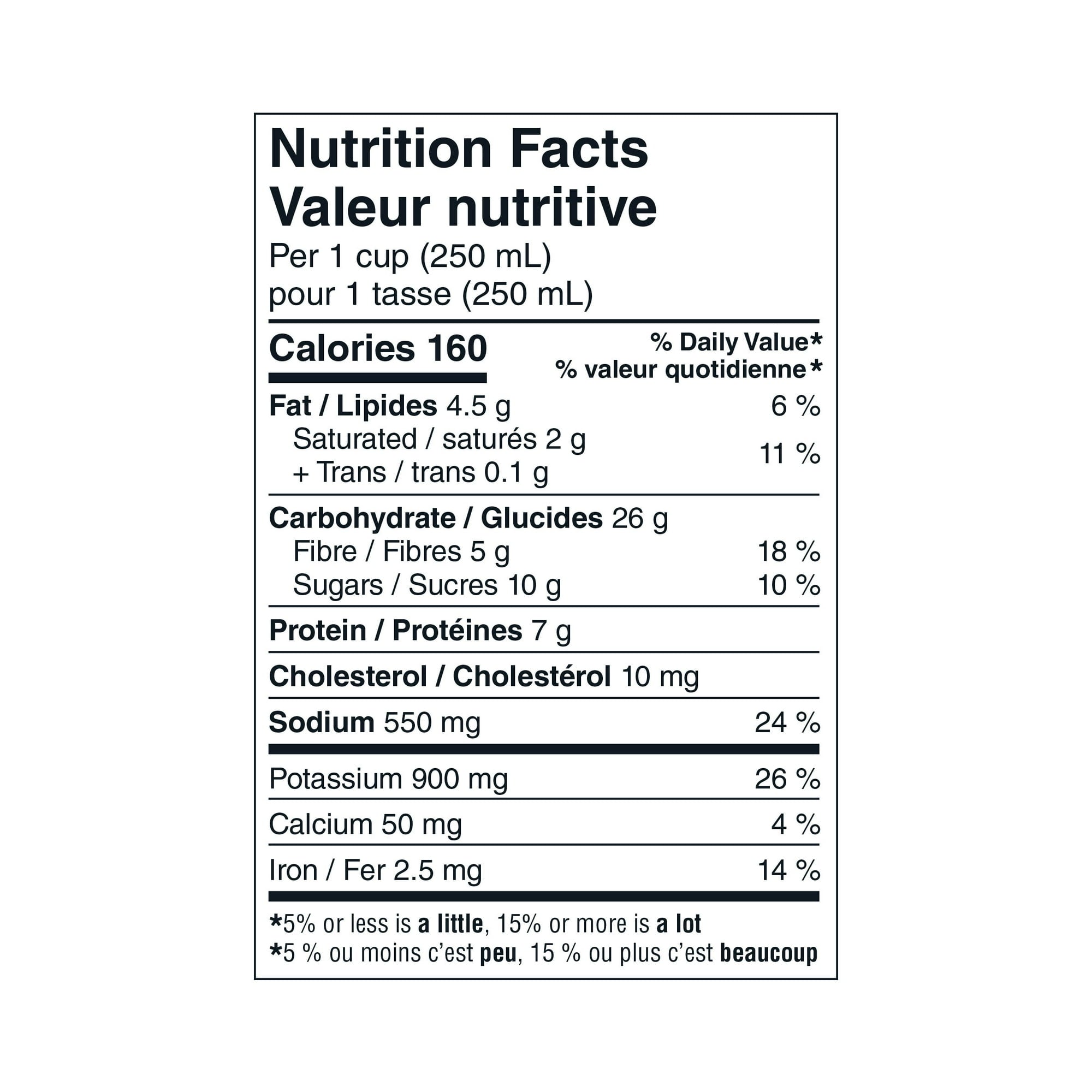 Nutrition facts label for Our Finest Mild Tomatoes, Lentils & Chorizo Ready-To-Serve-Soup, Spanish Cuisine - 540mL on a white background