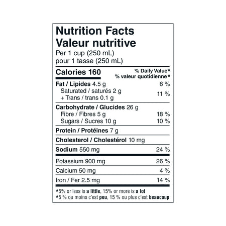 Nutrition facts label for Our Finest Mild Tomatoes, Lentils & Chorizo Ready-To-Serve-Soup, Spanish Cuisine - 540mL on a white background