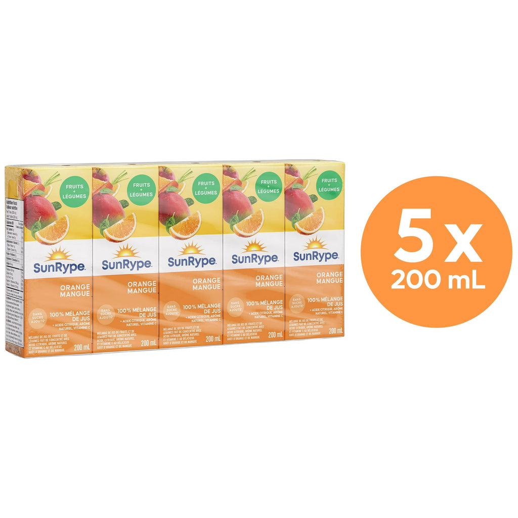 SunRype Fruit & Veggies Orange Mango Juice Boxes, Perfect For On-The-Go, 5x200ml, 1L/33.8 fl. oz. - Front Of Pack