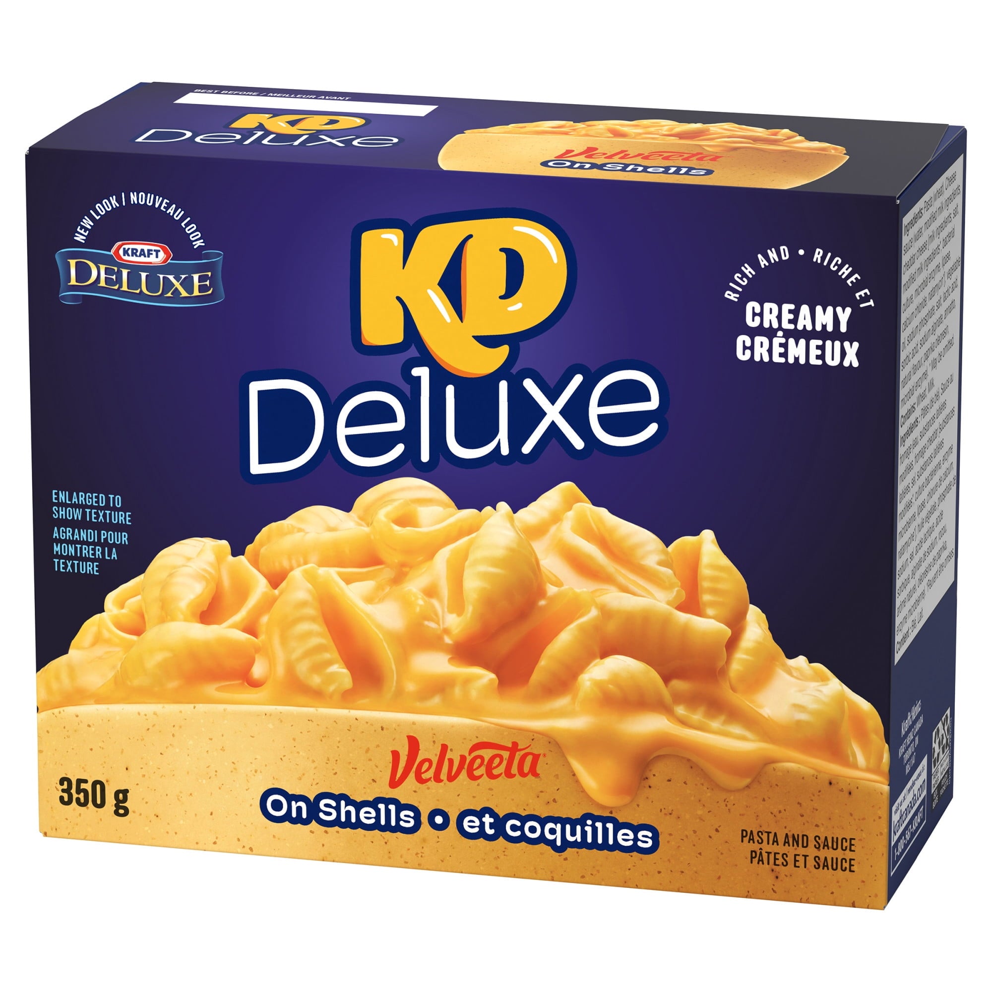 KD Kraft Dinner Deluxe Velveeta On Shells, Rich And Creamy Mac & Cheese, 350g/12.3 oz., front of box.