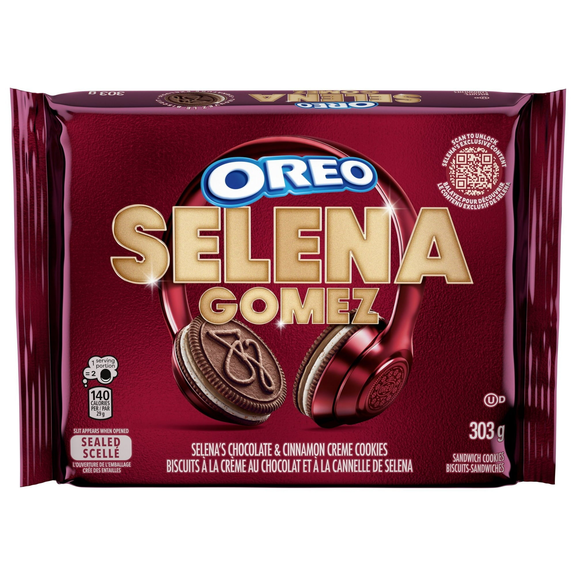 Oreo SELENA GOMEZ Chocolate & Cinnamon Creme Sandwich Cookies, 303g/10.6 oz, Front - OREO Selena Gomez cookie package with maroon background