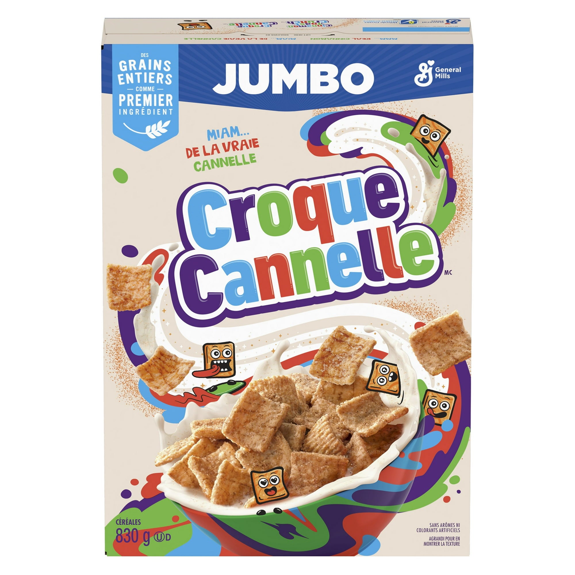 Box of Croque Cannelle cereal with colorful design and General Mills logo.