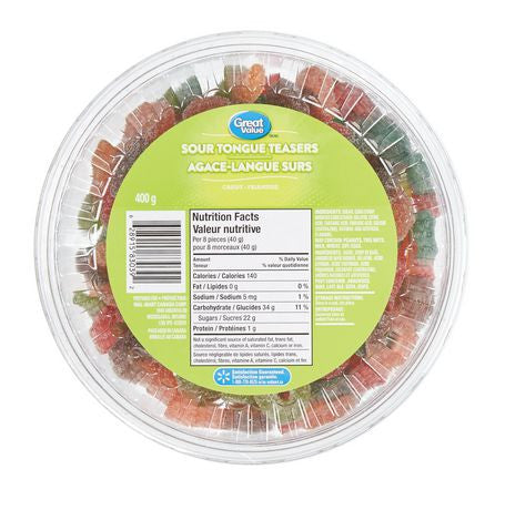Great Value, Tub of Sour Tongue Teasers Gummy Candy, 400g/14.1oz, {Imported from Canada}